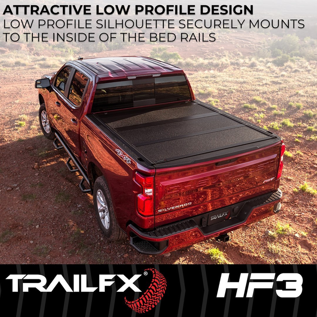 TrailFX Tonneau Cover, HF3 Hard Tri-Fold, Hard Folding, 3 Folds/ 3 Panels, 3 Riding Positions, Lockable, Gloss Black, Aluminum – TFX8013