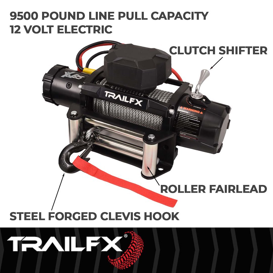 TrailFX Winch, XV95 Series, Vehicle Mounted, Vehicle Recovery Winch, 12 Volt Electric, 9500 Pound Line Pull Capacity, 94 Foot Wire Rope – WXV95B
