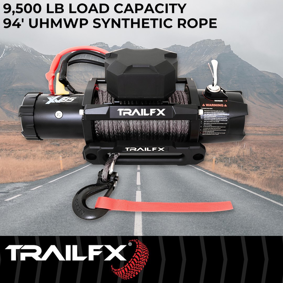 TrailFX Winch, XV95 Series, Vehicle Mounted, Vehicle Recovery Winch, 12 Volt Electric, 9500 Pound Line Pull Capacity, 94 Foot Synthetic Rope – WXVS95B