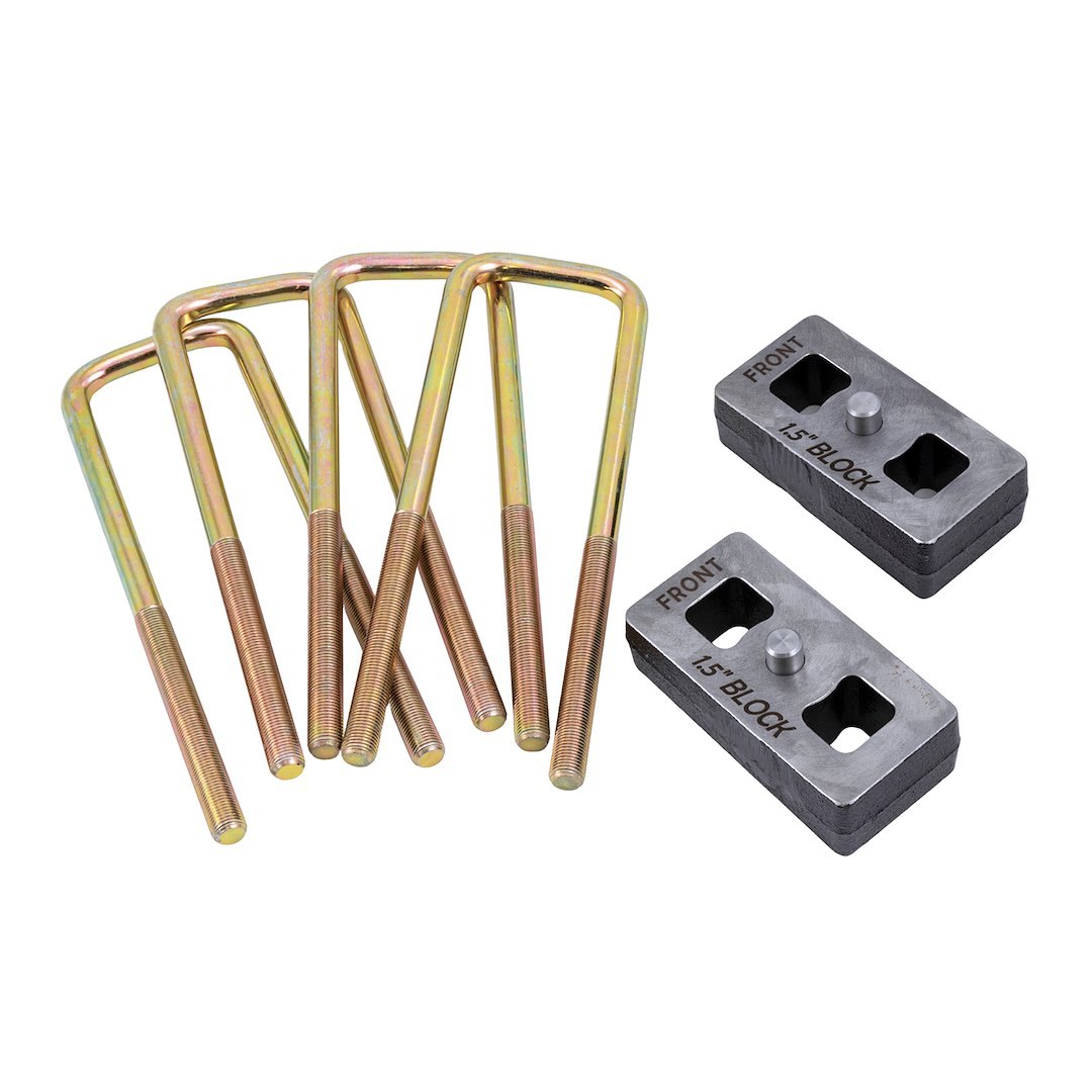 Suspens Pro Leaf Spring Block Kit, 1-1/2 Inch Rear Lift, Cast Iron, Includes 2 Rear Blocks/4 U-Bolts and Hardware – BUG01