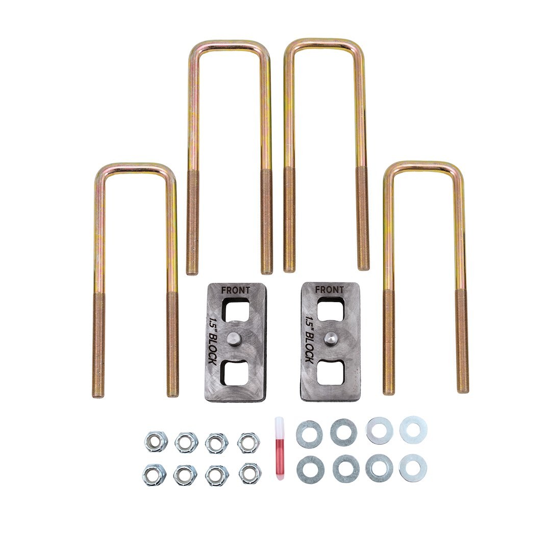 Suspens Pro Leaf Spring Block Kit, 1-1/2 Inch Rear Lift, Cast Iron, Includes 2 Rear Blocks/4 U-Bolts and Hardware – BUG01
