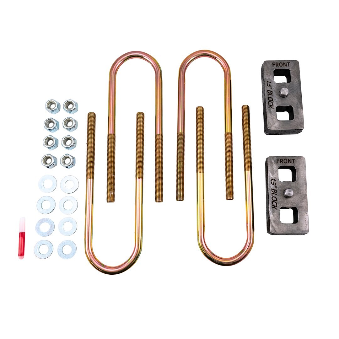 Suspens Pro Leaf Spring Block Kit, 1-1/2 Inch Rear Lift, Cast Iron, Includes 2 Rear Blocks/4 U-Bolts and Hardware – BUG02