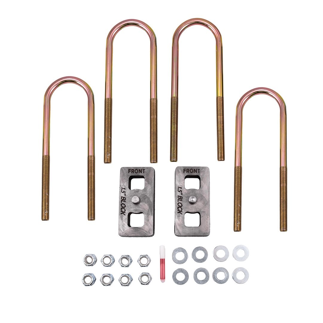 Suspens Pro Leaf Spring Block Kit, 1-1/2 Inch Rear Lift, Cast Iron, Includes 2 Rear Blocks/4 U-Bolts and Hardware – BUG02
