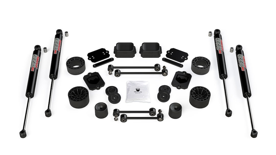 TeraFlex Lift Kit Suspension, 3 Inch Front Lift, 2-1/2 Inch Rear Lift, With Front and Rear Twin Tube 9550 Shock Absorbers, Black Components – 1365350