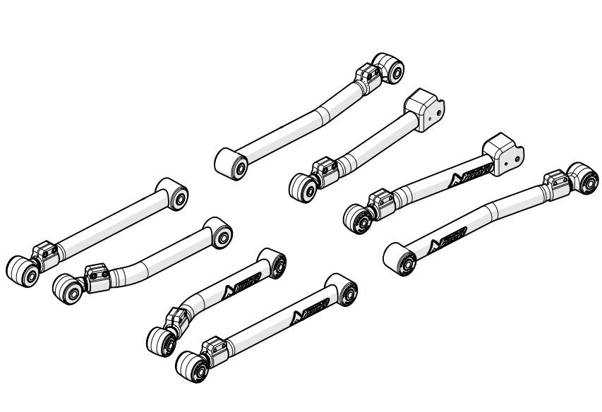 TeraFlex Control Arm, Alpine Flexarm, Tubular, Adjustable, Black, Steel, With Rubber Bushings, Set of 8 – 1415610