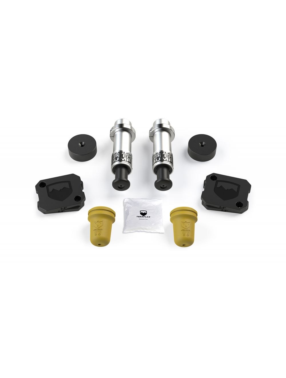 TeraFlex Bump Stop, For Use with 2-1/2 to 3-1/2 Inch Lift, Hydraulic Front/ Foam Rear, Silver/ Yellow, Set of 4 – 1968352