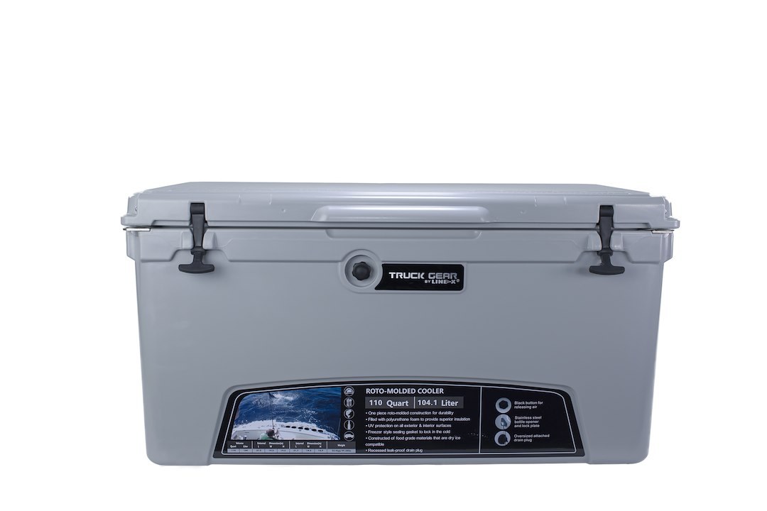 Truck Gear Beverage Cooler, Expedition, 110 Quart, Hard, Uses Ice, Truck Gear by Line-X Logo, Gray – COOLER110