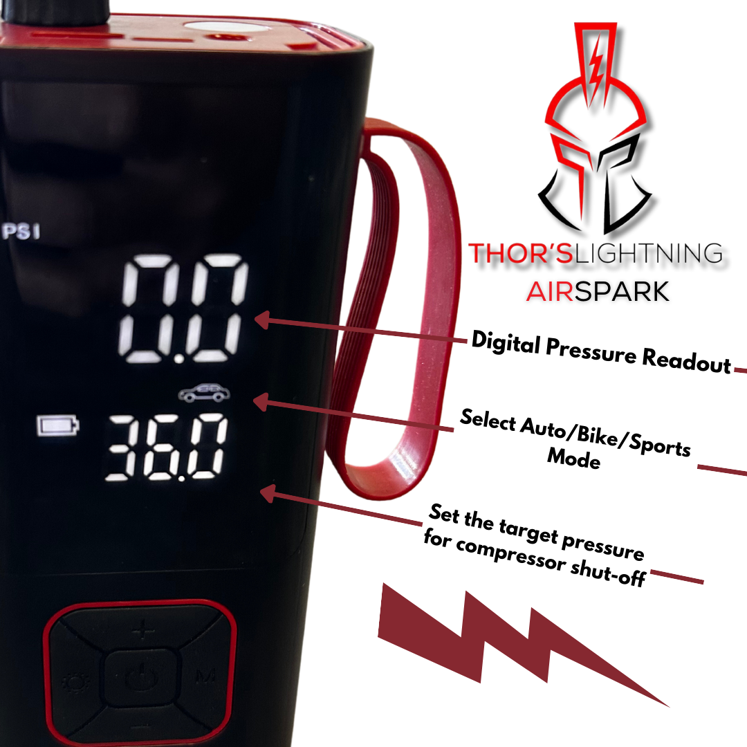Thors Lighti Air Compressor, Airspark, Portable, Digital Pressure Readout, Built-IN Flashlight and Visual Emergency Light, 12 Volt – AIRSPRK001