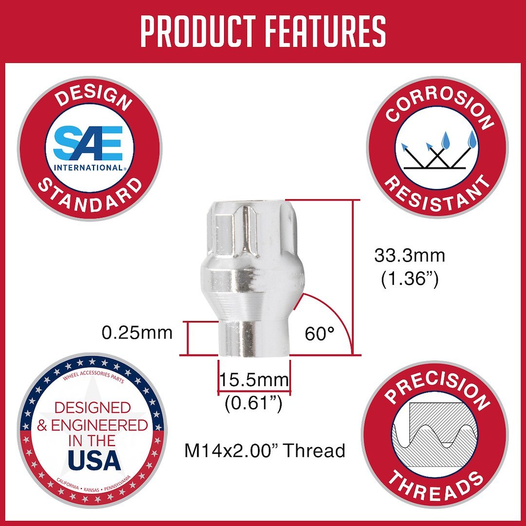 TR-1 Lug Nut, 14 Millimeter X 2 Thread Size, Et Shank, Conical Seat/ Short Shank Open End, 1.31 Inch Overall Length, Chrome Plated – 130-7018-01
