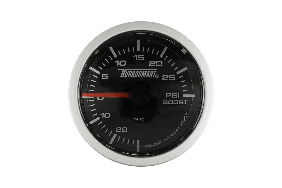 Turbosmart Gauge Boost/ Vacuum, 2-1/16 Inch, Mechanical, 0-30 PSI, Black Face/ Silver Bezel, Illuminated – TS-0101-2023