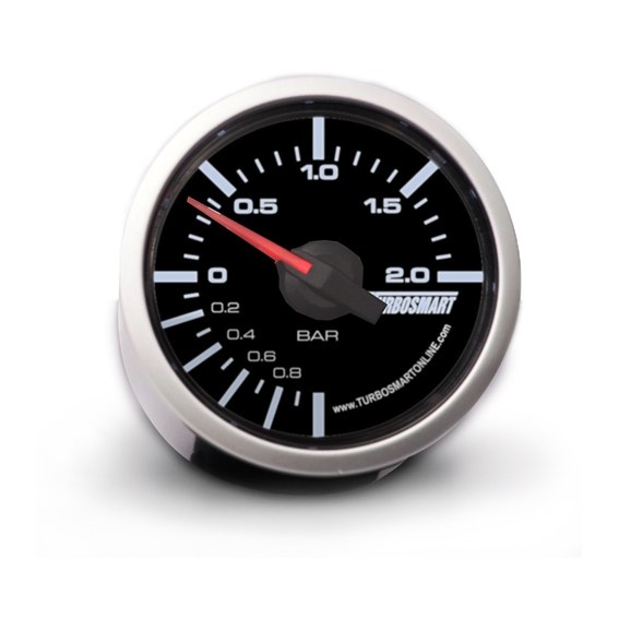 Turbosmart Gauge Boost, 2-1/16 Inch, 0-2 Bar, Black Face/ Silver Bezel, Backlit, With Mounting Hardware – TS-0101-2025