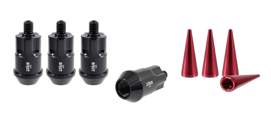 True Spike Wheel Lock, Lug Nut Lock, 1/2 Inch X 20 Thread Size, 60 Degree Conical, Acorn, 1.6 Inch Overall Length, Black, Steel, Set of 4 – 1220K72