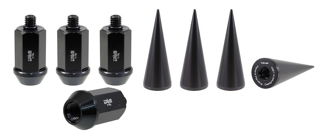True Spike Lug Nut, 7/16 Inch X 20 Thread Size, 60 Degree Conical, Acorn, 1.53 Inch Overall Length, Black, Steel, Set of 4 – 71620K217