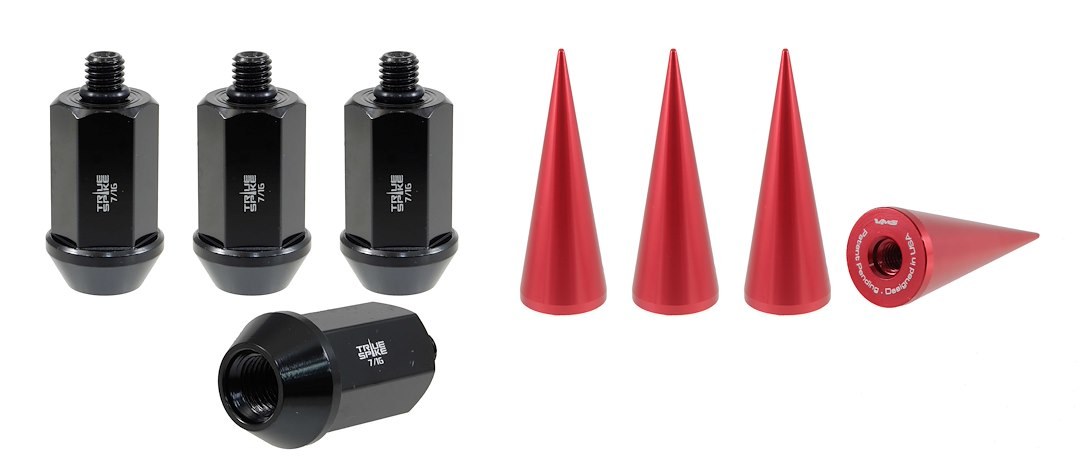 True Spike Lug Nut, 7/16 Inch X 20 Thread Size, 60 Degree Conical, Acorn, 1.53 Inch Overall Length, Black, Steel, Set of 4 – 71620K226