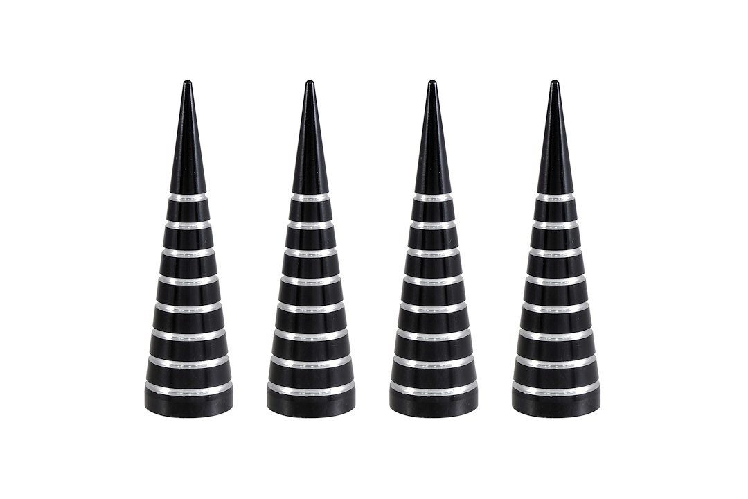 True Spike Lug Nut Cover, Anodized, Black with Silver Lines, Billet Aluminum, 73 Millimeter Length, 20 Millimeter Width, Set of 4 – LGC048MB