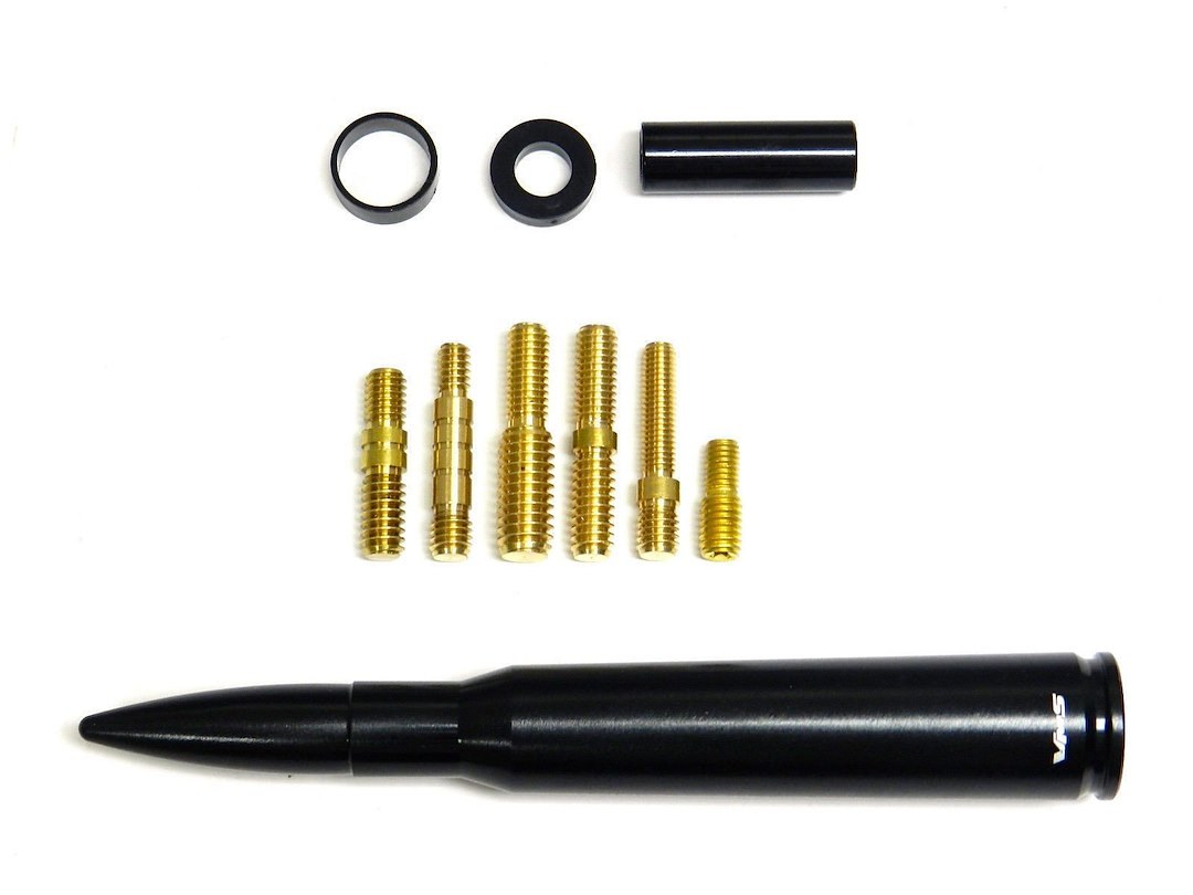 True Spike Antenna Mast, 5-1/2 Inch Length, Bullet Design, Anodized, Black, Billet Aluminum, With Antenna Car Screw Adapter and Studs – SA033BK-LA