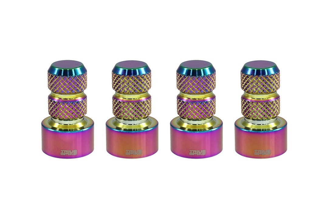 True Spike Valve Stem Cap, Neo Chrome, Billet Aluminum, Set of 4 Caps, With Knurled Finger Grip – WVC002NC