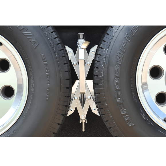 Ultra Fab Wheel Chock, Super Grip, For Use with Tandem Axle Trailers, Scissors Type, Steel, With Ratchet Wrench and Padlock – 21-001090
