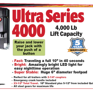 Ultra Fab Trailer Tongue Jack, Ultra 4000, Round Jack, Electrical, 12 Volt Operation, 2-1/4 Inch Outer Tube, 4000 Pound Lift Capacity – 38-944014
