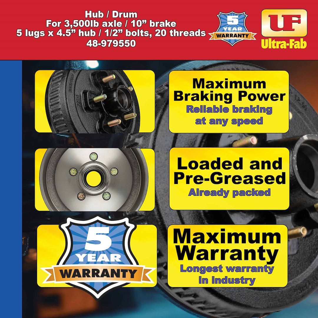 Ultra Fab Trailer Brake Hub Assembly, Hub and Drum, Fits 7000 Pound Axles, 8 X 6-1/2 Inch Bolt Pattern, 12 Inch, 9/16 X 18 Threaded Bolts – 48-979553