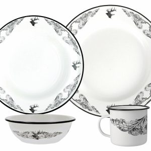 Utica USA Dish Set, Sixteen Piece Set, Elk I Pattern, White, Enamelware – 41-2005