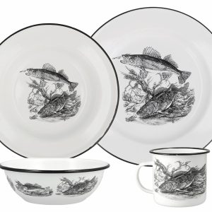 Utica USA Dish Set, Sixteen Piece Set, Walleye Pattern, White, Enamelware, With 4 Mugs/ 4 Dinner Plates/ 4 Pasta Plates and 4 Bowls – 41-2013
