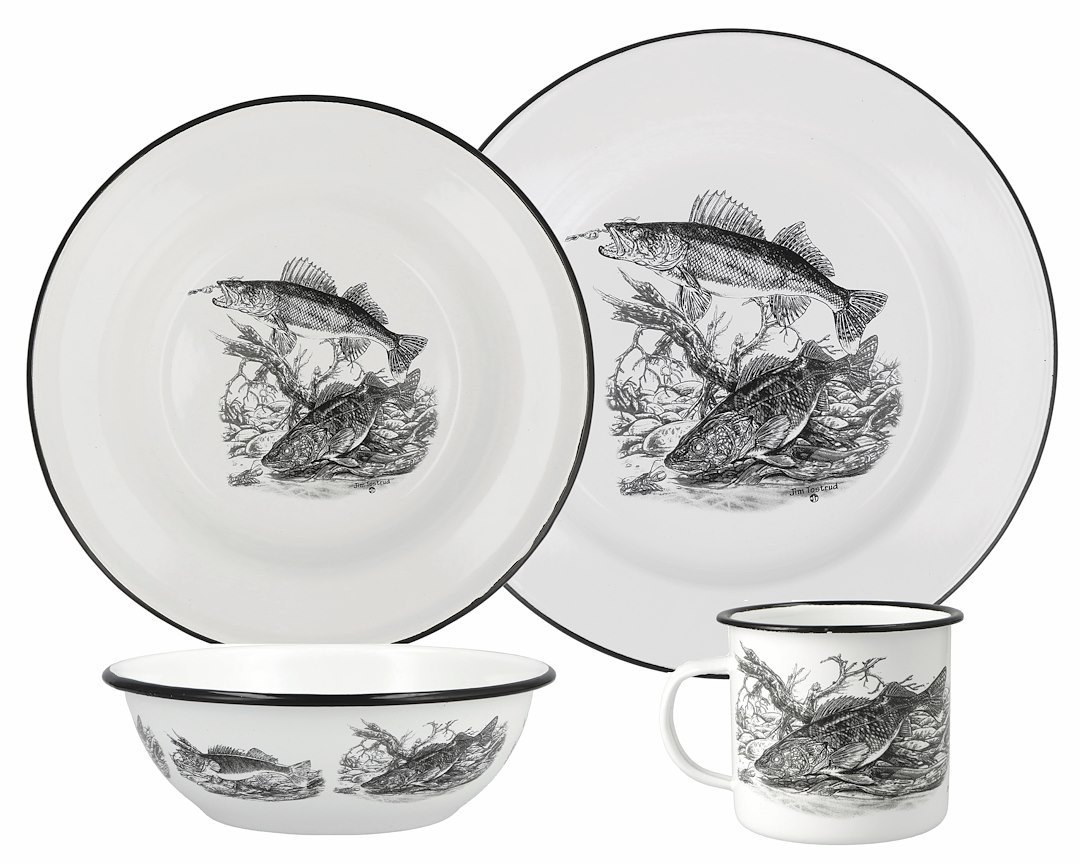 Utica USA Dish Set, Sixteen Piece Set, Walleye Pattern, White, Enamelware, With 4 Mugs/ 4 Dinner Plates/ 4 Pasta Plates and 4 Bowls – 41-2013