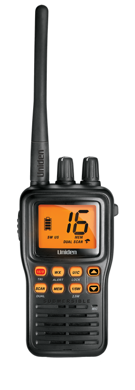 Uniden Ameri VHF Radio, Handheld, United States/ Canadian/ International Channels, 1/2.5/5 Watt, 10 Noaa Weather Channels with Alert – MHS75