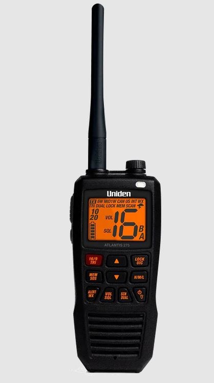 Uniden Ameri VHF Radio, Atlantis 275, Handheld, United States/ Canadian/ International Channels, 1/2.5/6 Watt – Atlantis 275