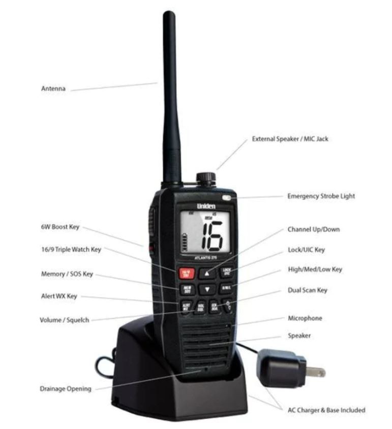 Uniden Ameri VHF Radio, Atlantis 275, Handheld, United States/ Canadian/ International Channels, 1/2.5/6 Watt – Atlantis 275