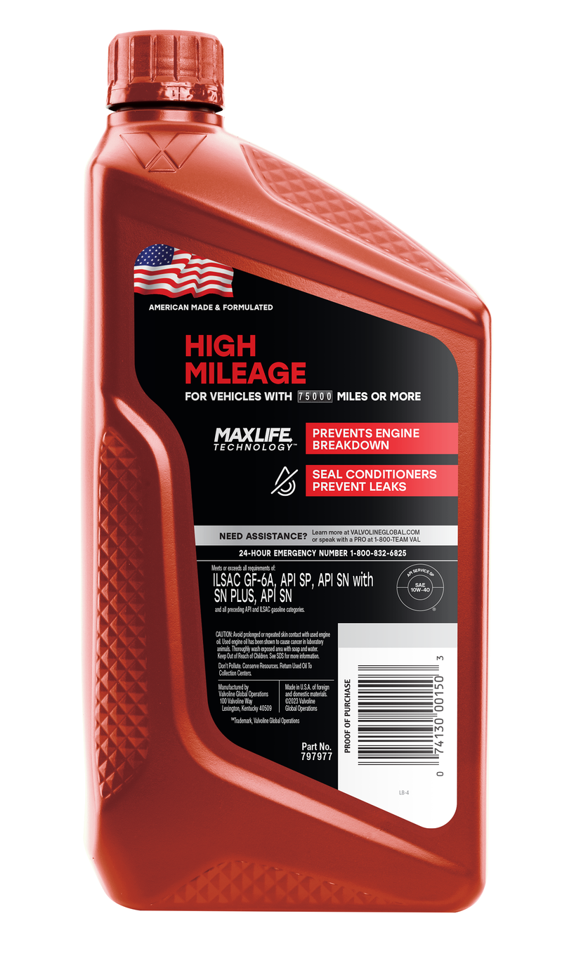 Valvoline Oil, Maxlife ®, SAE 10W40, Synthetic, 1 Quart Bottle, Case of 6 – 797977