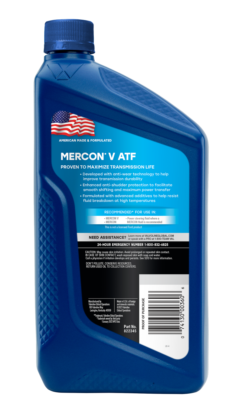 Valvoline Auto Trans Fluid, Mercon V, 1 Quart Bottle, Case of 6 – 822345