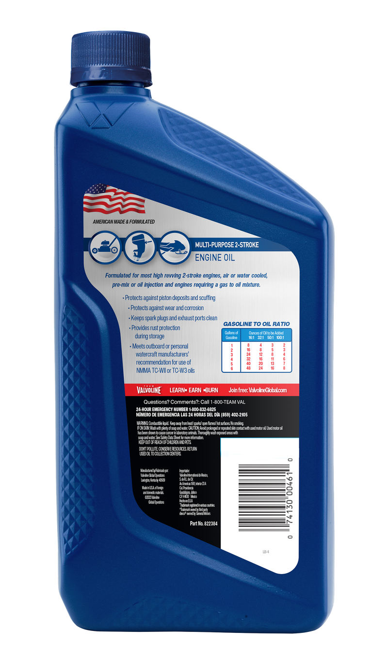 Valvoline Oil, Used for 2-Stroke Engines, 1 Quart Bottle, Case of 6 – 822384