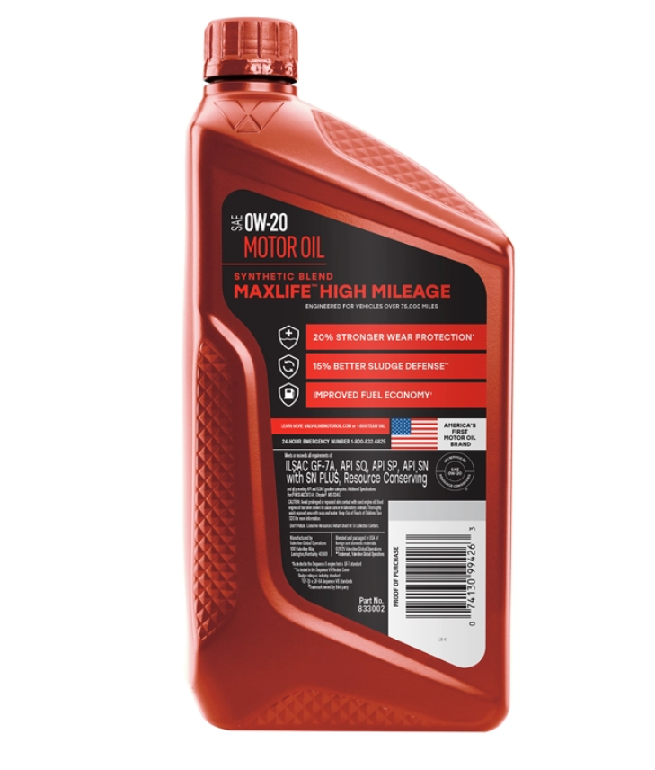 Valvoline Oil, Maxlife ®, SAE 0W-20, 1 Quart Bottle, Single – 833002
