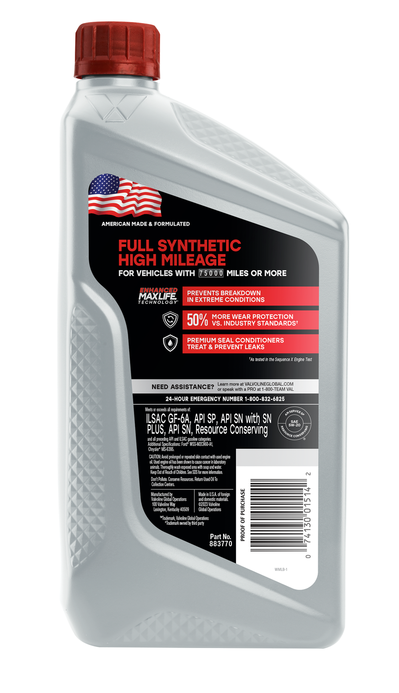 Valvoline Oil, SAE 5W-20, Synthetic, 1 Quart Bottle, Case of 6 – 849644