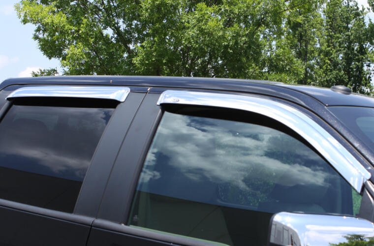 Auto Ventshade Rainguard, Ventvisor, Aerodynamic Design, Tape-On, Chrome, Acrylic, Set of 4 – 684233