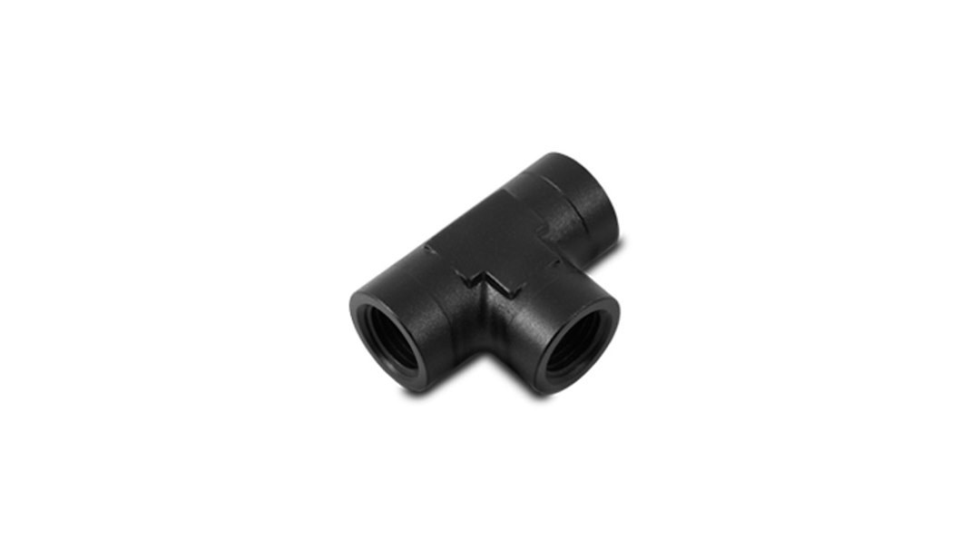 Vibrant Performance Coupler Fitting, Fabrication Components, 1/8 Inch NPT Female, Tee, Without O-Ring, Aluminum, Anodized Black, Single – 10860