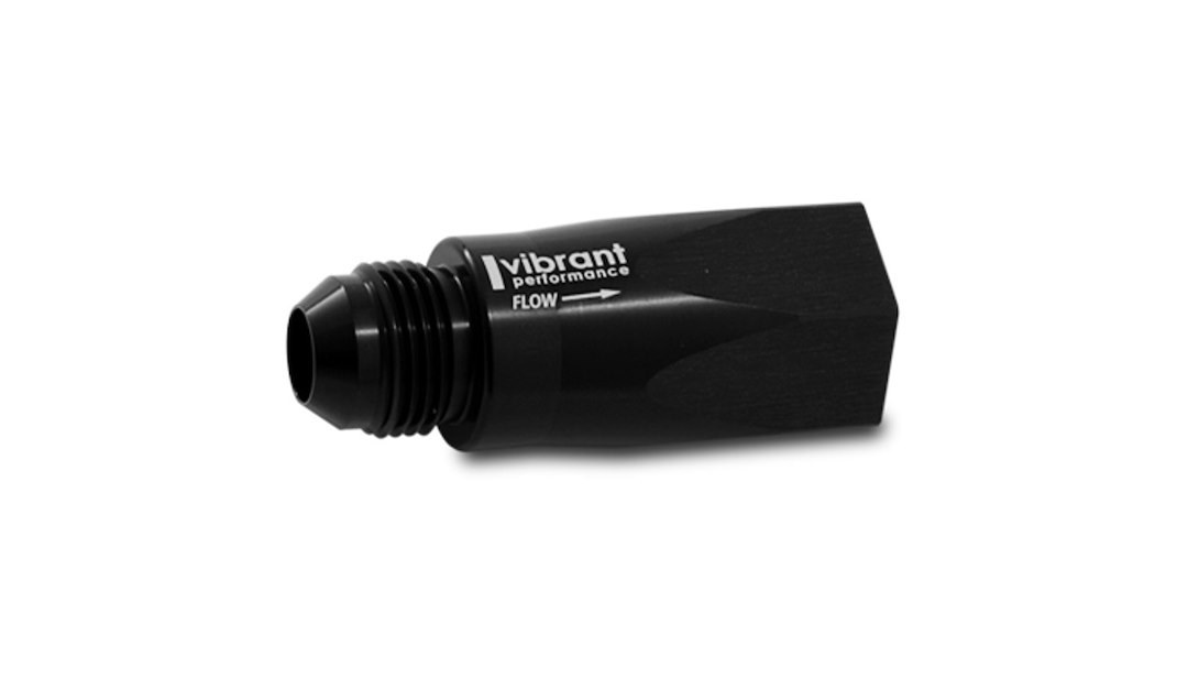 Vibrant Performance Fuel Line Check Valve, Fabrication Components, One Way Check Valve, -6AN Female to -6AN Male Fitting, Anodized Black – 11116