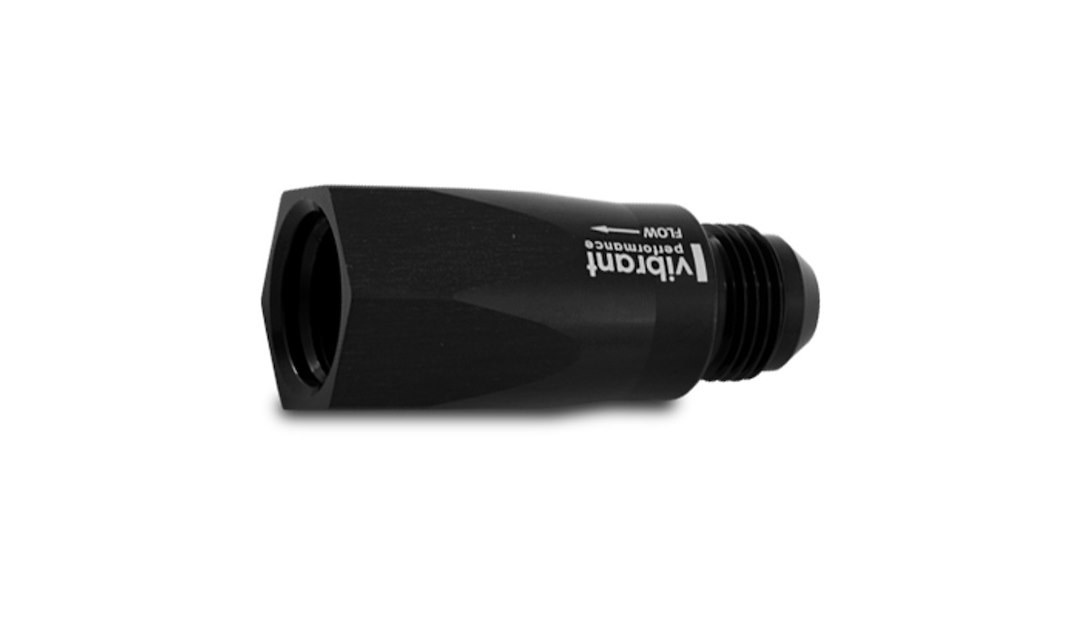 Vibrant Performance Fuel Line Check Valve, Fabrication Components, One Way Check Valve, -8AN Female to -8AN Male Fitting, Anodized Black – 11118
