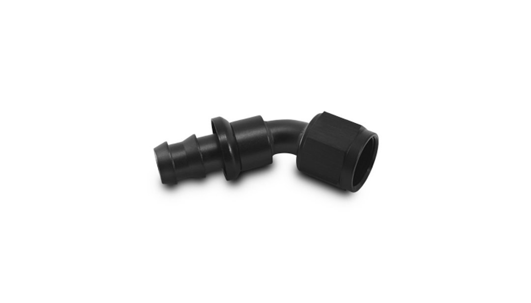 Vibrant Performance Hose End Fitting, Fabrication Components, -6AN Hose to -6AN Female, 45 Degree Push on, Anodized, Black, Aluminum, Single – 22406