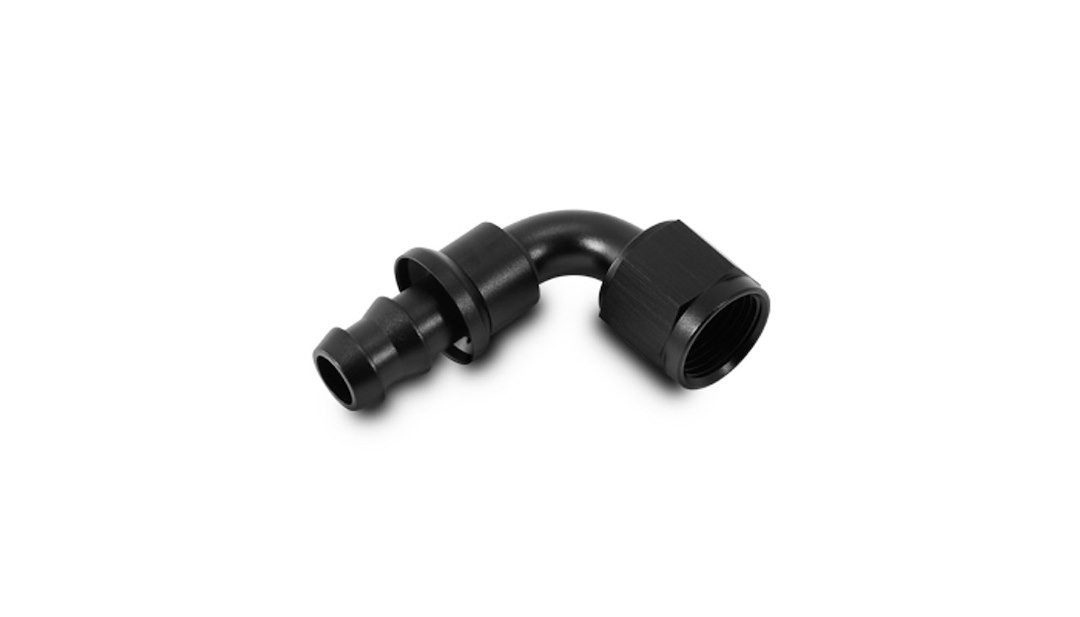Vibrant Performance Hose End Fitting, Fabrication Components, -8AN Hose to -8AN Female, 90 Degree Push on, Anodized, Black, Aluminum, Single – 22908