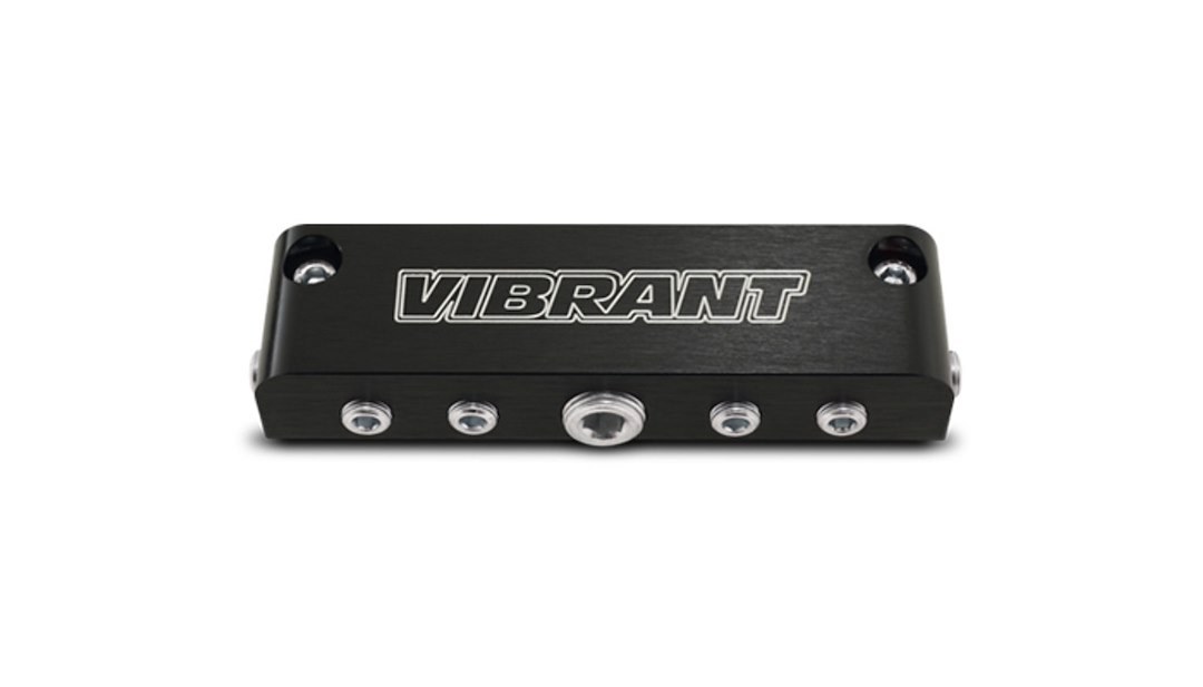Vibrant Performance Vacuum Manifold, 1 Port for 3/8 Inch NPT Fittings/6 Ports for 1/8 Inch NPT Fittings, Anodized, Black, Aluminum – 2691