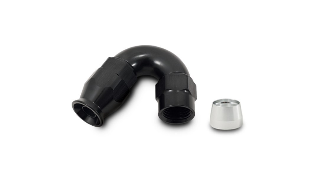 Vibrant Performance Hose End Fitting, -3AN, 150 Degree Bend, High Flow Hose End Fitting for PTFE Lined Flex Hose, Black, Aluminum – 28503