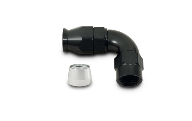 Vibrant Performance Hose End Fitting, -6AN Hose, 90 Degree, Black, Aluminum, With Aluminum Olive, Single – 28906