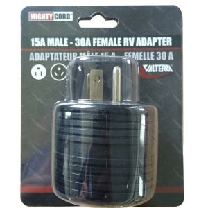 Valterra Power Cord Adapter, 15 Amp Male to 30 Amp Female Plug, Black, PVC, Round, 1 Per Card – A10-1530ARDVP