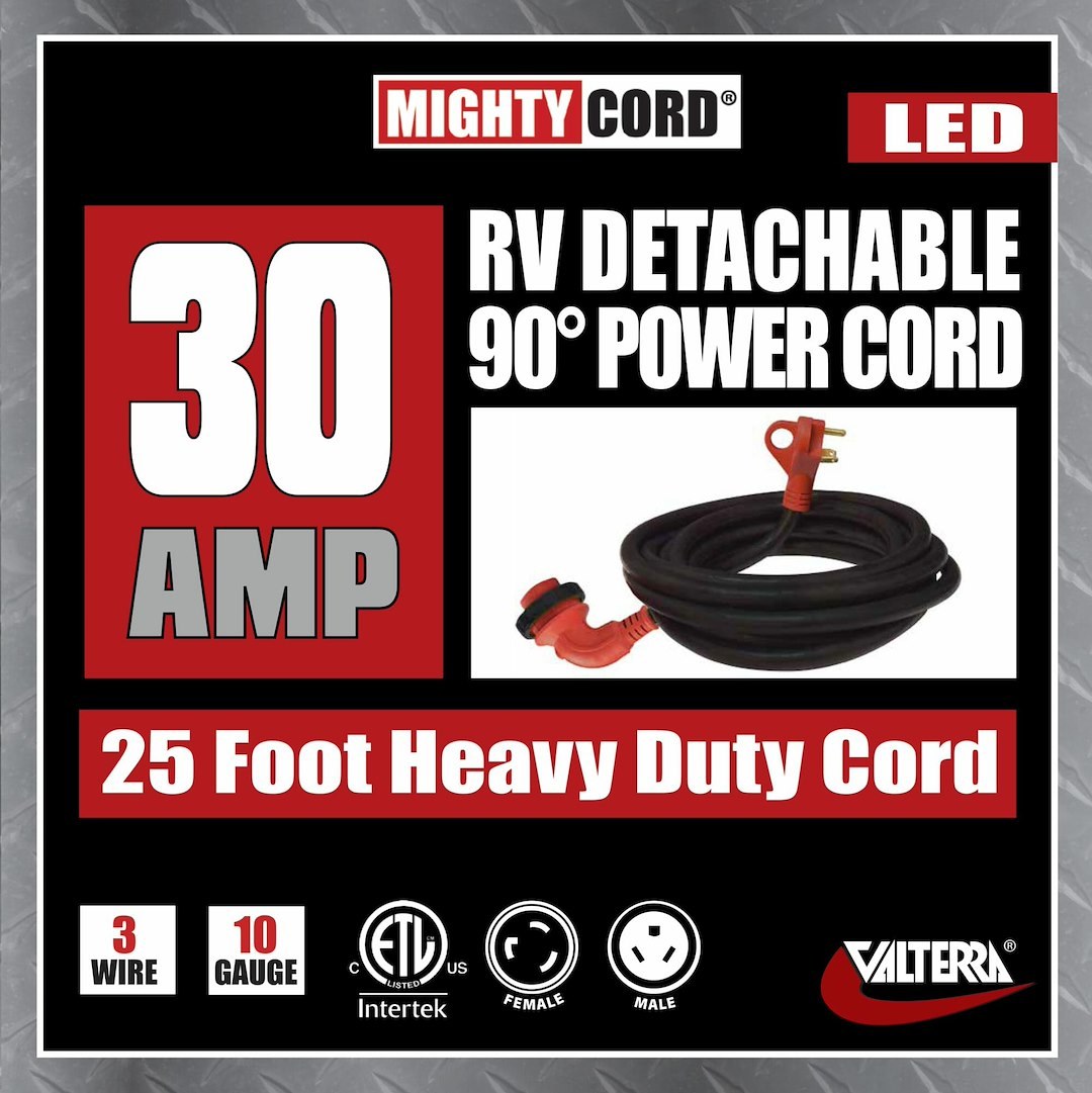 Valterra Power Cord, Mighty Cord ™, Power Supply Cord, 3 Prong, Single 90 Degree Detachable Outlet with Locking Ring, 30 Amp – A10-3025ED90