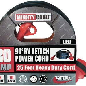 Valterra Power Cord, Mighty Cord ™, Power Supply Cord, 3 Prong, Single 90 Degree Detachable Outlet with Locking Ring, 30 Amp – A10-3025ED90