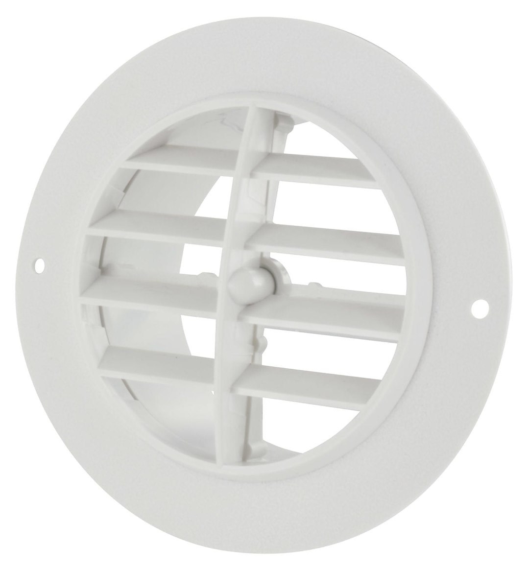 Valterra Heating/ Cooling Register, Round, 4 Inch Diameter Vent Hole/ 5-1/2 Inch Outside Diameter Flange, With Damper, White, Plastic – A10-3335VP