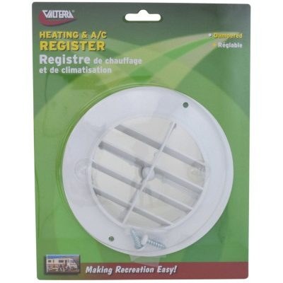 Valterra Heating/ Cooling Register, Round, 4 Inch Diameter Vent Hole/ 5-1/2 Inch Outside Diameter Flange, With Damper, White, Plastic – A10-3335VP