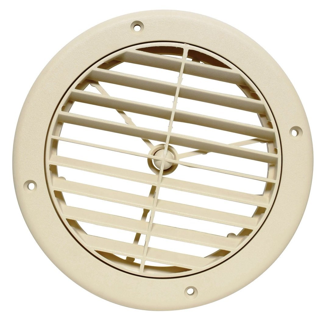 Valterra Heating/ Cooling Register, Ceiling Mount, 5 Inch Diameter, 1/4 Inch Collar, 360 Degree Rotating Vane Air Return, Beige, Plastic – A10-3362VP